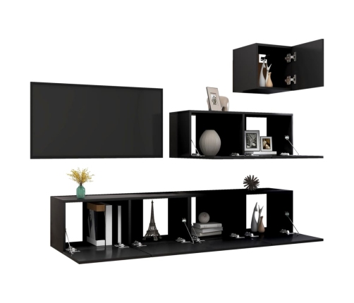 Set de muebles de salón TV 4 piezas madera contrachapada negro