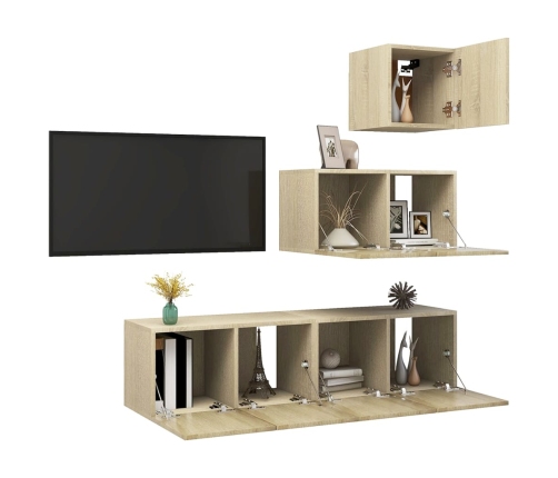 vidaXL Set muebles de salón TV 4 piezas madera ingeniería roble Sonoma