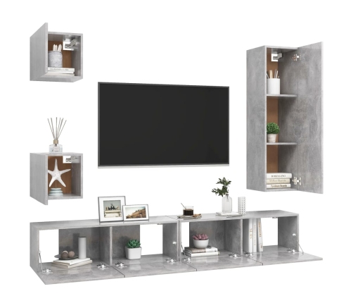 vidaXL Set muebles de salón TV 5 pzas madera ingeniería gris hormigón