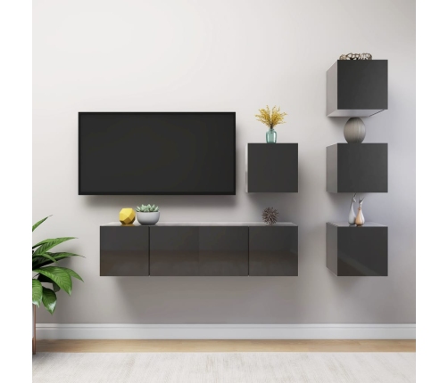 Muebles de TV de salón 6 pzas madera de ingeniería gris brillo