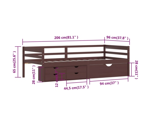 vidaXL Cama con cajones y armario madera pino marrón oscuro 90x200 cm