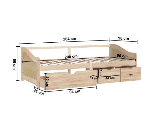 Sofá cama 3 plazas con cajones madera maciza pino 90x200 cm