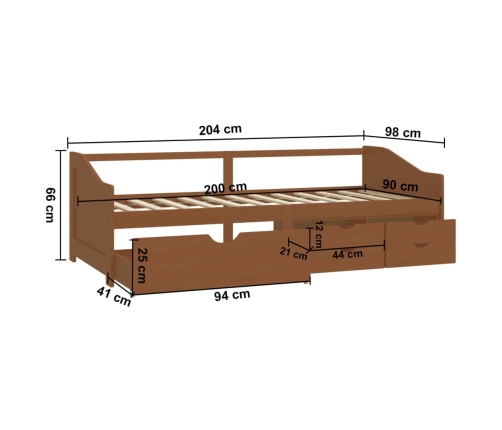 vidaXL Sofá cama 3 plazas cajones pino macizo marrón miel 90x200 cm