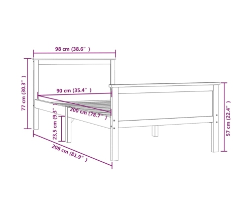 Estructura de cama sin colchón madera maciza de pino 90x200 cm
