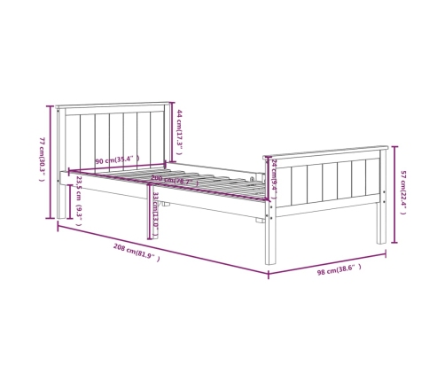 Estructura de cama madera maciza de pino marrón oscuro 90x200cm