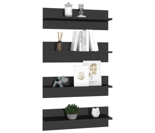 Estante de pared 4 uds contrachapado negro brillo 60x11,5x18 cm