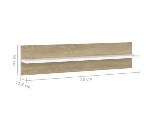 Estante de pared 2 uds contrachapado blanco roble 80x11,5x18 cm