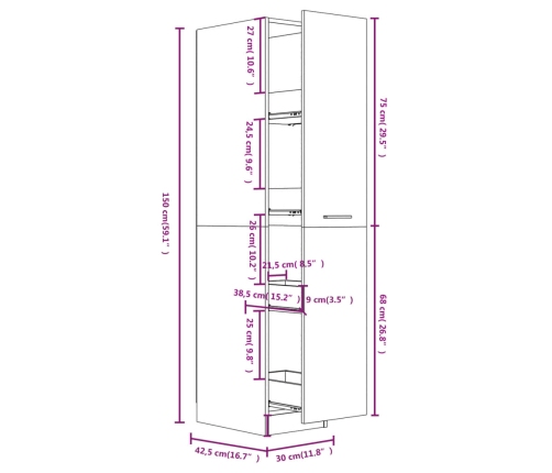 Armario de boticario madera contrachapada blanco 30x42,5x150 cm