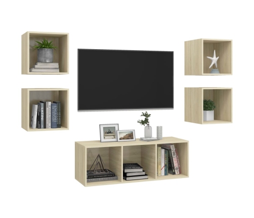 Muebles de pared de TV 5 pzas madera contrachapada color roble