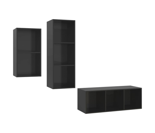 Set de mueble para TV 3 pzas madera contrachapada negro brillo