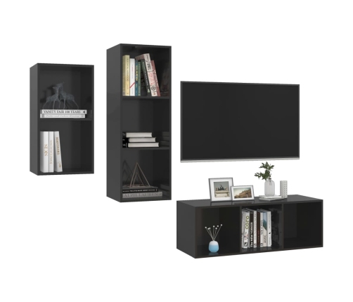 Set de mueble para TV 3 pzas madera contrachapada negro brillo