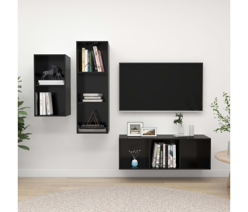 Set de mueble para TV 3 pzas madera contrachapada negro brillo