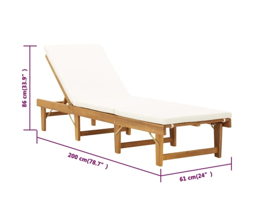 Tumbona plegable con cojín madera maciza de acacia blancocrema