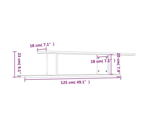 vidaXL Estante de pared de TV contrachapado gris hormigón 125x18x23 cm