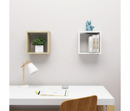 Estantes cubo de pared 2 uds blanco y roble Sonoma 30x15x30 cm