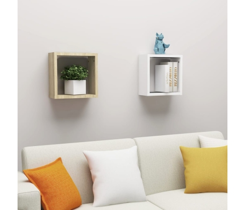 Estantes cubo de pared 2 uds blanco y roble Sonoma 30x15x30 cm