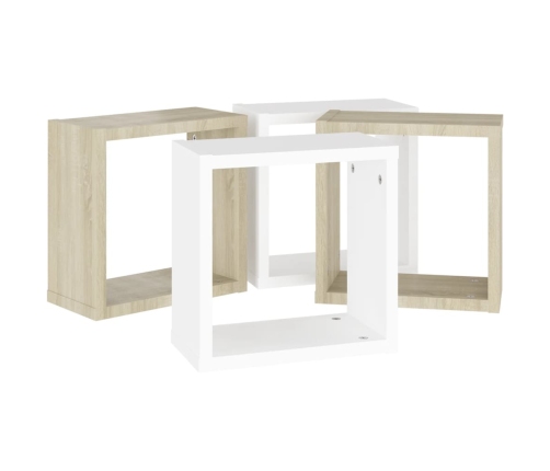 vidaXL Estantes cubo de pared 4 uds blanco y roble Sonoma 30x15x30 cm