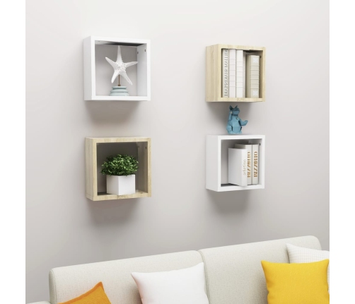 vidaXL Estantes cubo de pared 4 uds blanco y roble Sonoma 30x15x30 cm