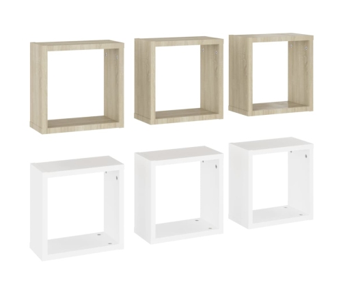 Estantes cubo de pared 6 uds blanco y roble Sonoma 30x15x30 cm