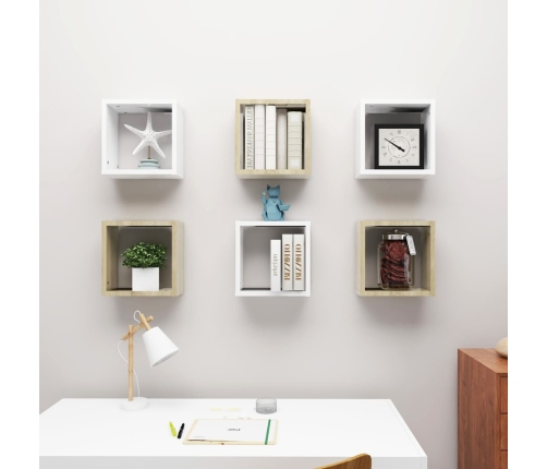 Estantes cubo de pared 6 uds blanco y roble Sonoma 30x15x30 cm