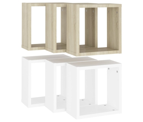 Estantes cubo de pared 6 uds blanco y roble Sonoma 30x15x30 cm