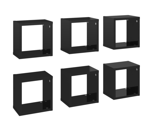 Estantes cubo de pared 6 unidades negro brillo 22x15x22 cm