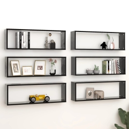 Estantes cubo de pared 6 uds contrachapado negro 80x15x26,5 cm
