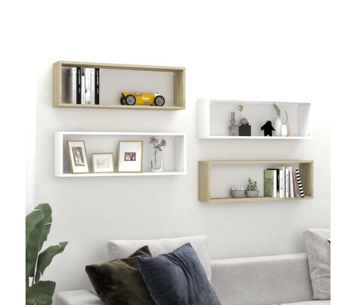 Estante cubo pared 4uds contrachapado blanco roble 80x15x26,5cm