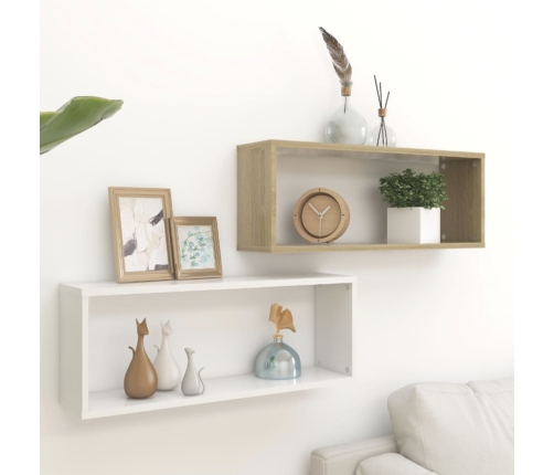 Estante cubo pared 2uds contrachapado blanco y roble 60x15x23cm