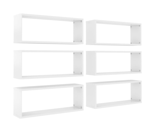 vidaXL Estante cubo pared 6 uds contrachapado blanco brillo 60x15x23cm