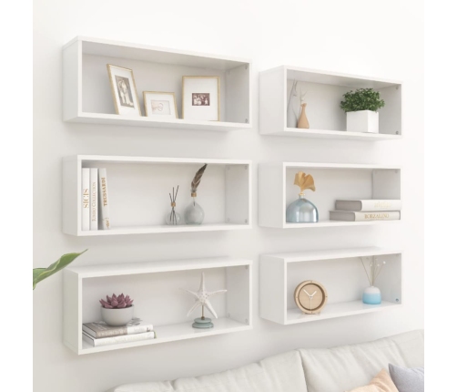 vidaXL Estante cubo pared 6 uds contrachapado blanco brillo 60x15x23cm