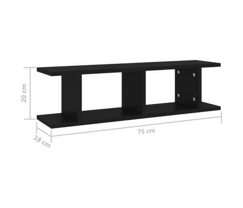 Estante de pared 2 uds madera contrachapada negro 75x18x20 cm