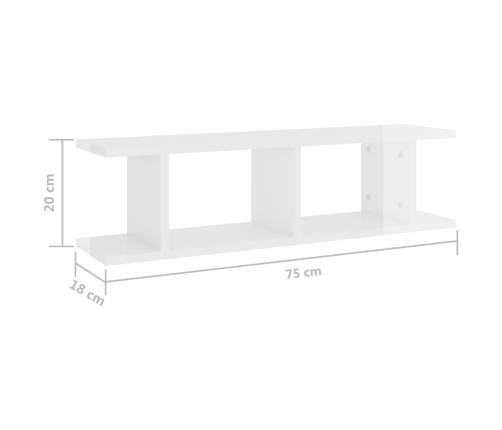 vidaXL Estante de pared 2 uds contrachapada blanco brillo 75x18x20 cm