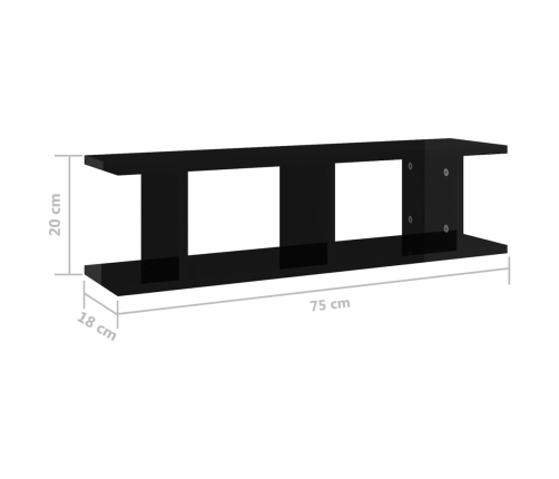 vidaXL Estantes de pared 2 uds contrachapada negro brillo 75x18x20 cm