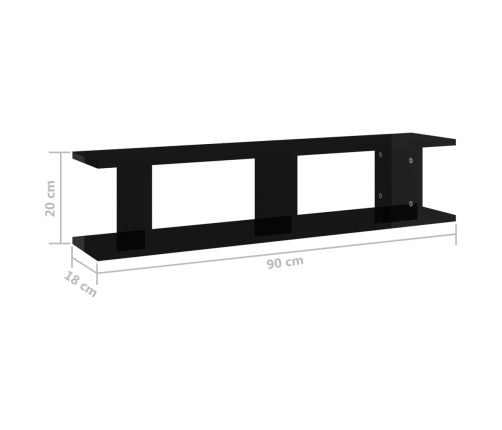 vidaXL Estante de pared 2 uds contrachapado negro brillante 90x18x20cm