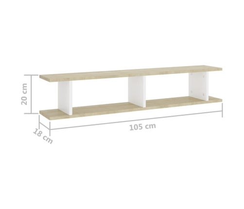 Estante de pared 2 uds contrachapado blanco y roble 105x18x20cm