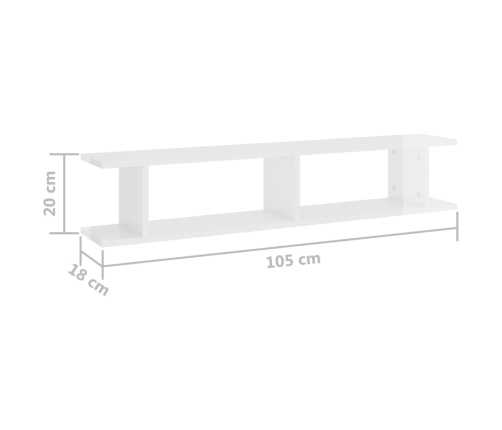 Estante de pared 2 uds contrachapado blanco brillo 105x18x20 cm