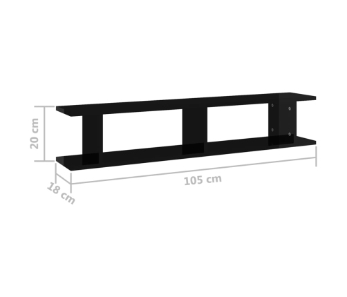 Estante de pared 2 uds contrachapado negro brillo 105x18x20 cm