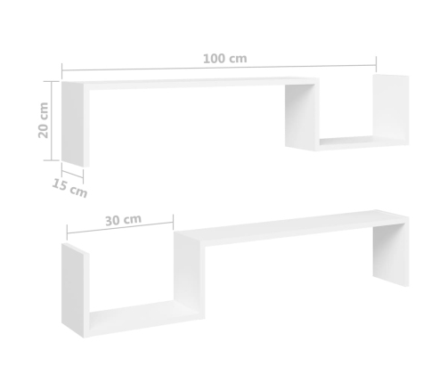 vidaXL Estantes de pared 2 uds madera contrachapada blanco 100x15x20cm