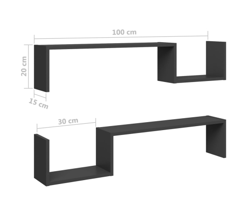 Estantes de pared 2 uds madera contrachapada gris 100x15x20 cm