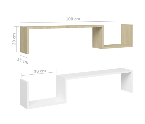 Estante de pared 2 uds contrachapado blanco y roble 100x15x20cm