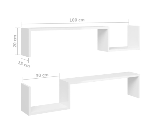 Estantes de pared 2 uds contrachapado blanco brillo 100x15x20cm