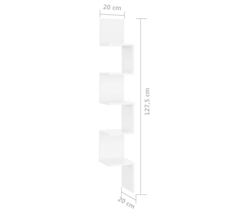 vidaXL Estante esquina pared contrachapado blanco brillo 20x20x127,5cm