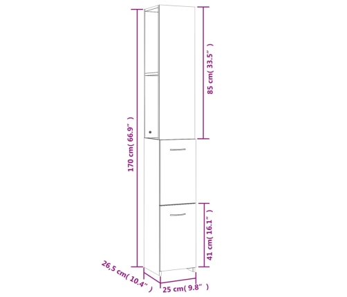 Armario de baño madera contrachapada blanco 25x26,5x170 cm