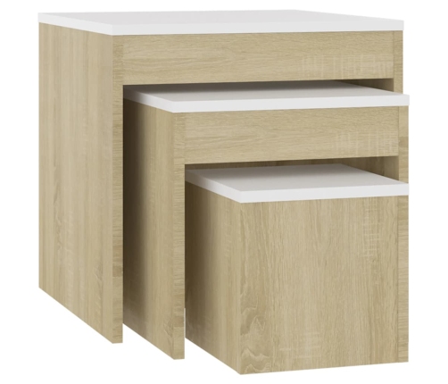 vidaXL Mesas apilables 3 pzas madera contrachapada blanco roble Sonoma