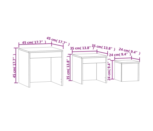 vidaXL Mesas apilables 3 pzas madera contrachapada blanco roble Sonoma