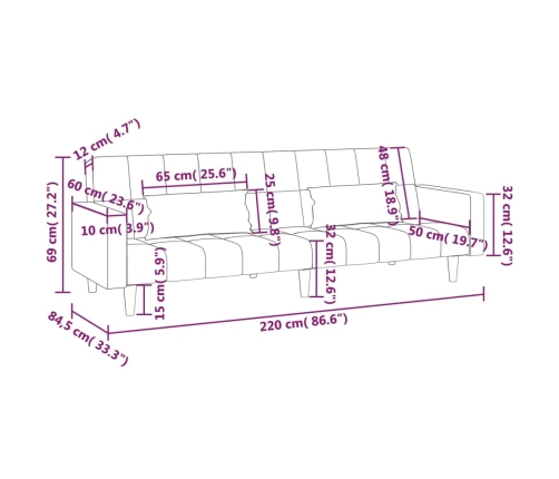 vidaXL Sofá cama de 2 plazas con dos almohadas terciopelo rosa
