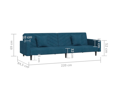 vidaXL Sofá cama de 2 plazas con dos almohadas terciopelo azul