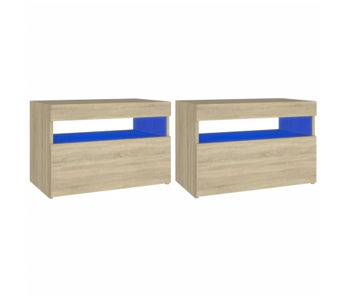 Mesitas de noche con LED 2 uds contrachapada Sonoma 60x35x40 cm