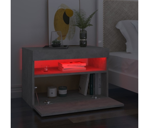 vidaXL Mesita de noche con LED contrachapada gris hormigón 60x35x40 cm